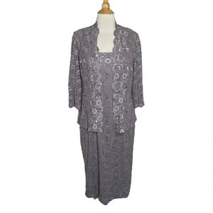 Alex Evenings 8 elegant silver lilac‎ lace midi dress + matching lace jacket